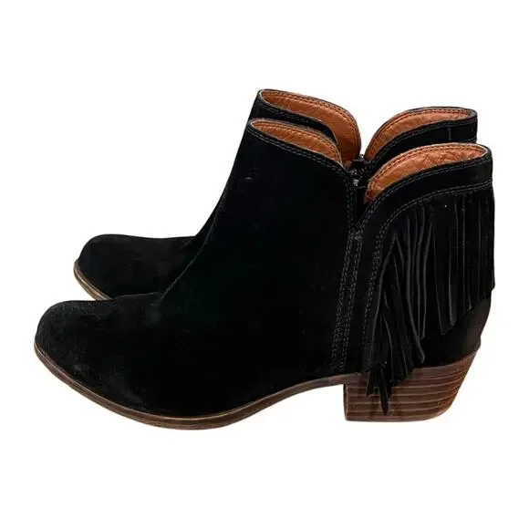 Lucky Brand Black Suede Fringe Ankle Boots Women’s Size 7 Western Boho Booties - Picture 4 of 9